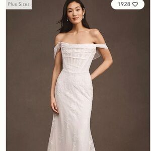 Watters Strapless White Lace Gown
